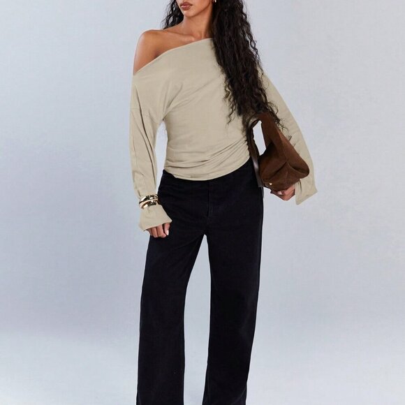 Apricot Casual Women's Asymmetric Collar Drawstring Top - Picture 3 of 7